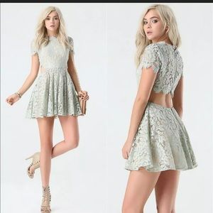 BeBe Foil Print Lace Cutout Dress Mint Green